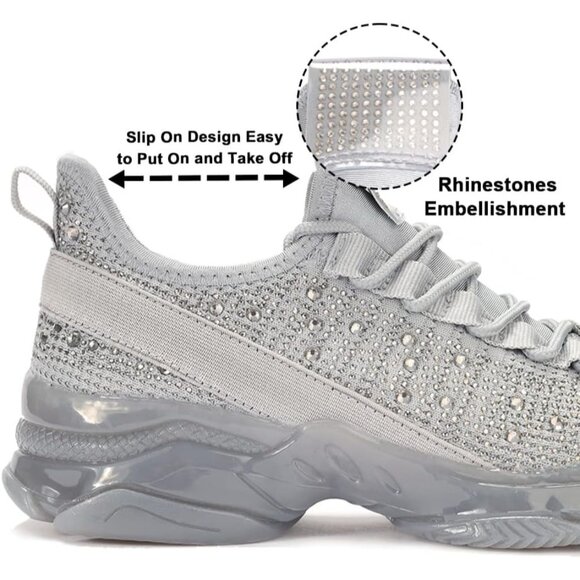 Women's Rhinestone Gray  Mesh Slip On Walking Breathable Glitter Sneaker Shoes - Picture 4 of 7